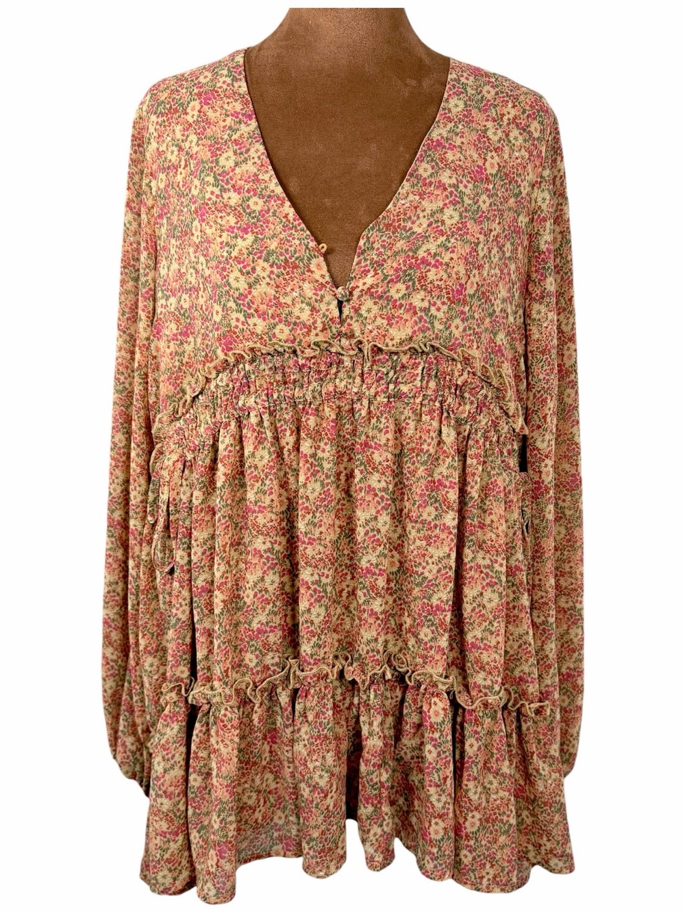 PINCH Floral Babydoll Mini Dress Boho Tiered Ruffle Long Sleeve Small - Picture 2 of 11